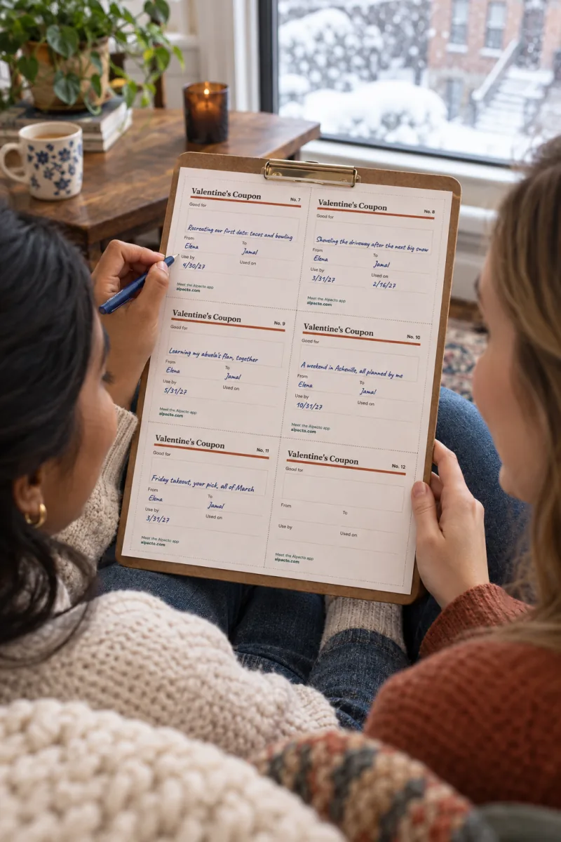 Two women on a sofa look at page three of the coupon book on a clipboard; five blank coupons are filled in by hand and one of them holds a pen