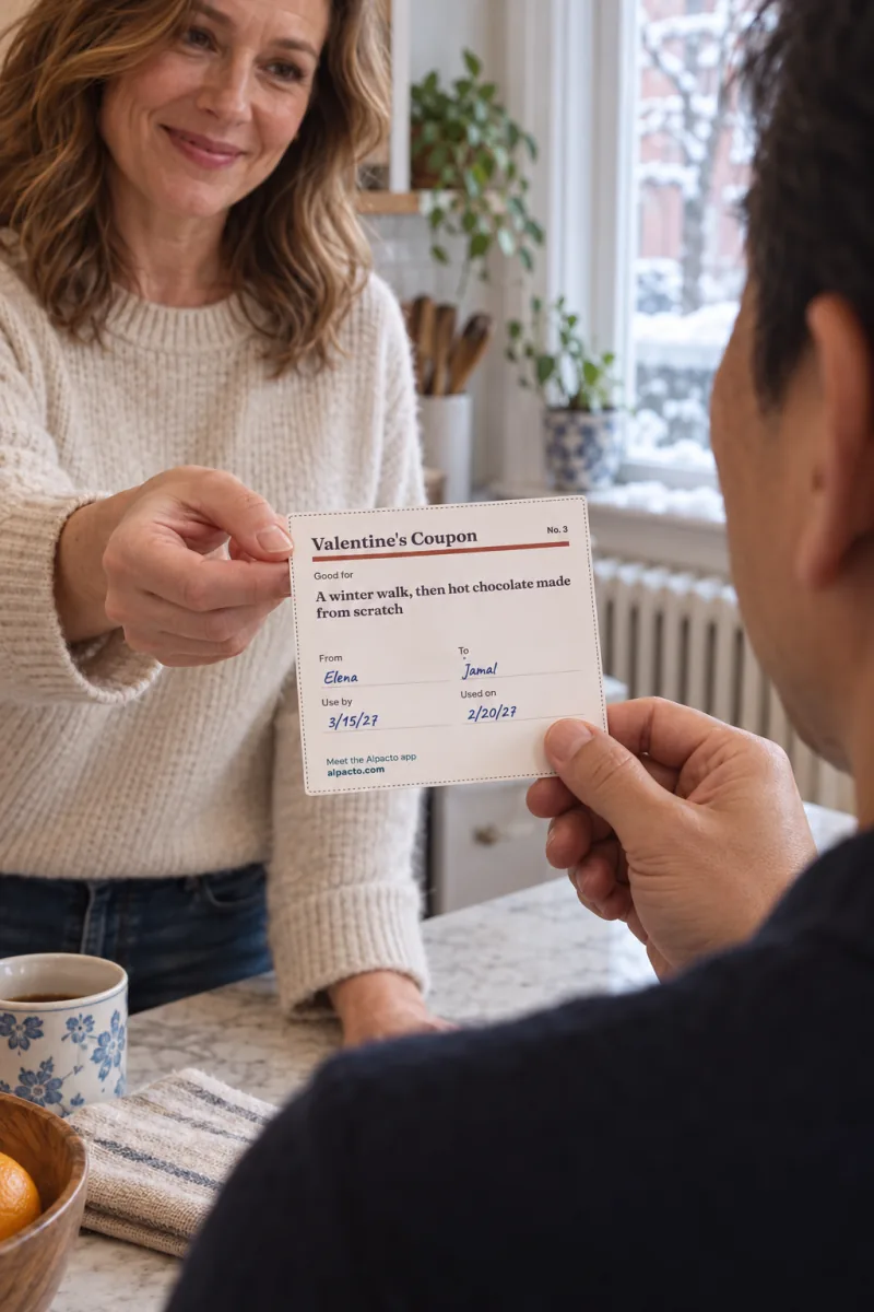 A woman hands a man coupon No. 3 from the Valentine's Day coupon book, filled in from Elena to Jamal, in a kitchen with snow outside the window
