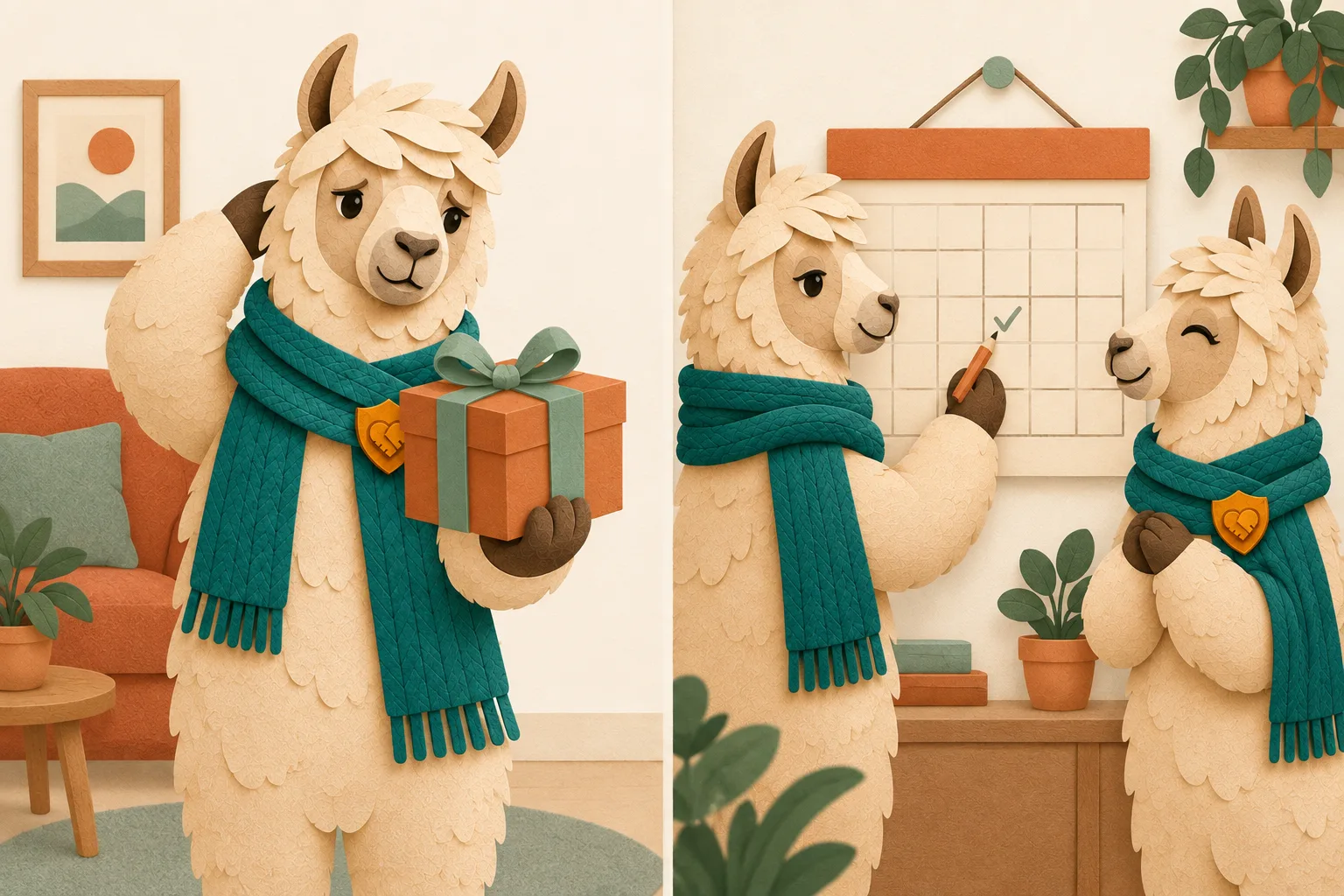 Two Alpa scenes: one llama unsure with a wrapped gift box, then two llamas ticking an evening on a wall calendar