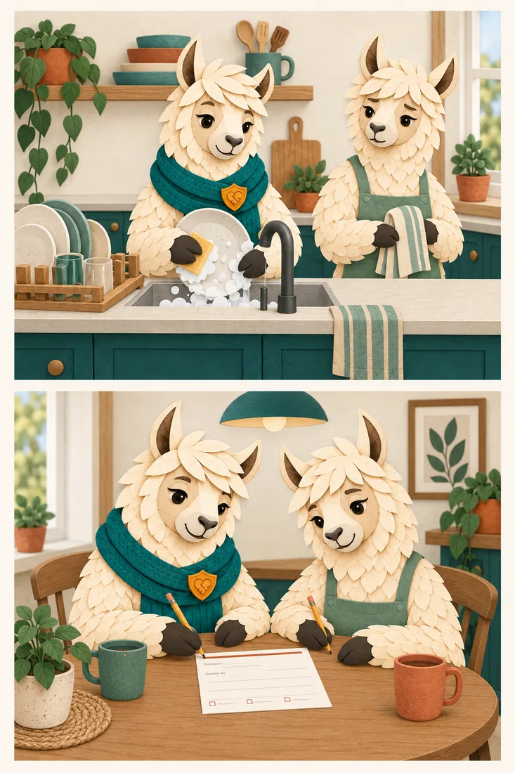 Weaponized incompetence at the kitchen sink: one partner quietly rewashes a plate the other already washed, then both sit down to write one card together