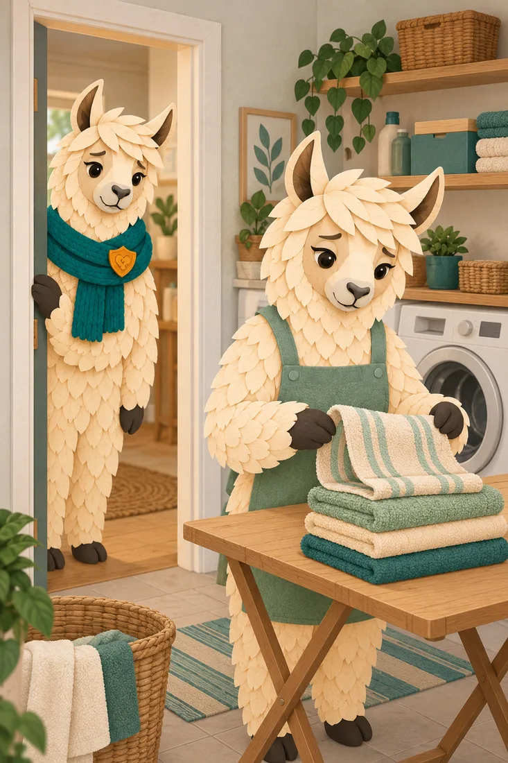Alpa watches from the doorway as one partner quietly refolds towels that were already folded