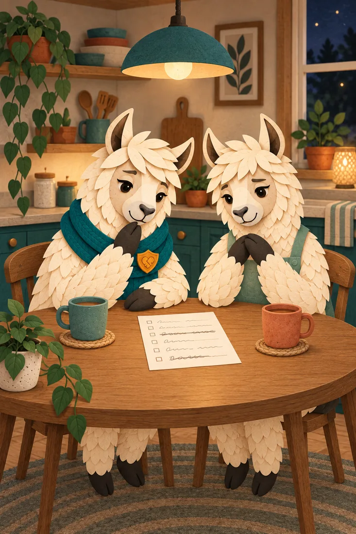 Two partners at a kitchen table with a written list between them, an illustration for what do couples argue about