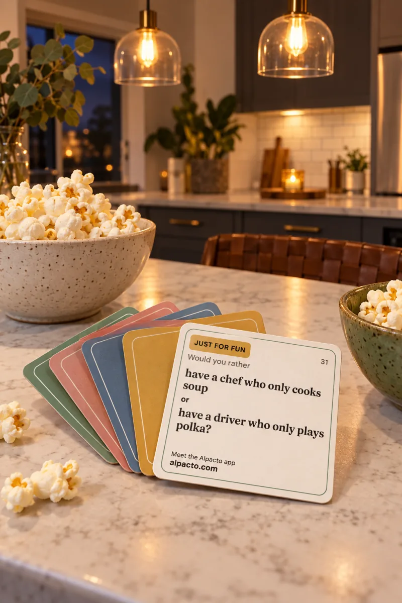 Printable would you rather questions for couples: cut cards fanned out on a kitchen counter next to a bowl of popcorn